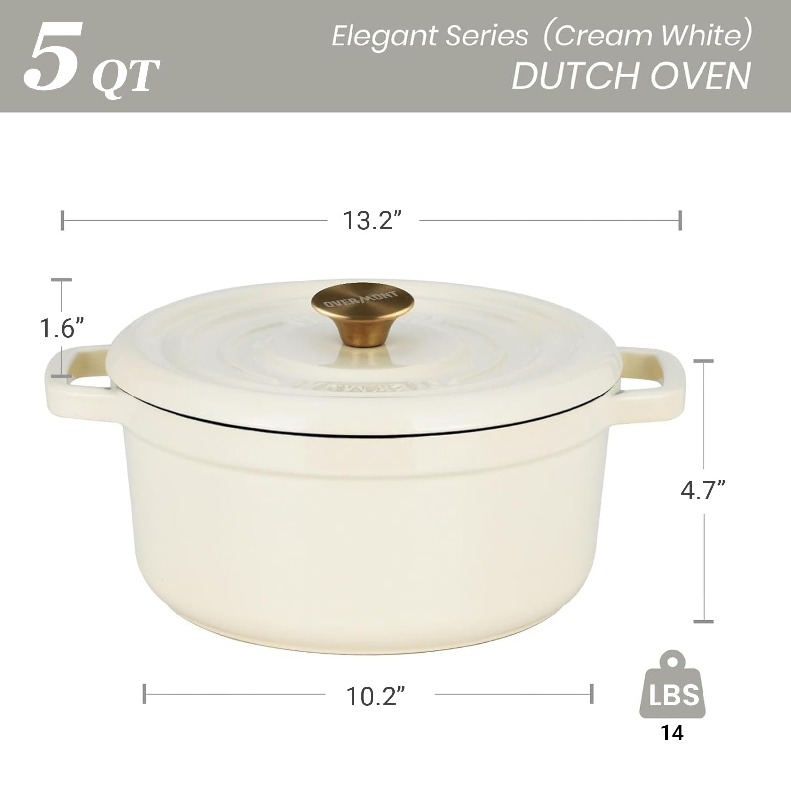Overmont Garnek emaliowany żeliwny Dutch Oven 26 cm z pokrywką i książką kucharską biały