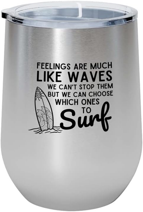 Surfing Silver Edition Wine Tumbler 12oz - Feelings like waves - Surfing Enthusiast Gifts Water Sport Surfboard Athletics Hobby Beach Sea Windsurf