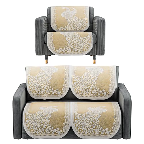 Image of Kuber Industries (Set of 6) Stylish & Durable Cotton Sofa Covers 2+1 Seater | Washable Sofa Protector /Mat & Slipcover for Living Room & Office | Peocock Design - Cream