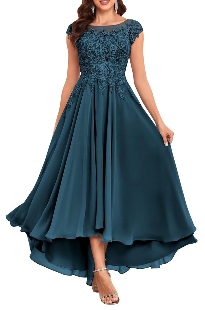 Kurface Women's Peacock Tea Length Petite Mother Of The Bride Dresses With Sleeves Modest Lace Formal Bridesmaid Dress For Wedding Uk18
