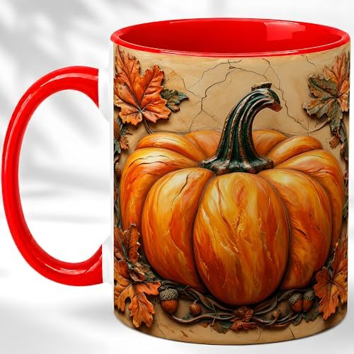 Rustic Pumpkin With Autumn Leaves Design Coffee Mug, Fall Harvest...