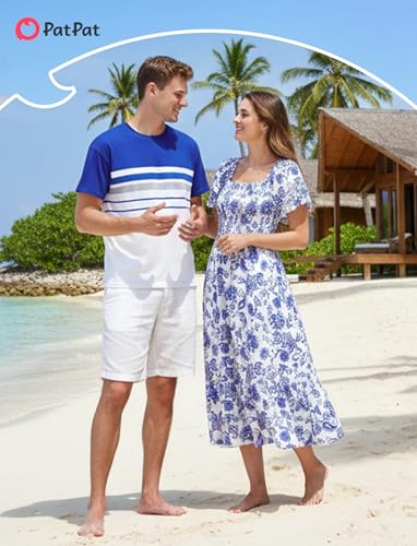 Image of PATPAT Family Matching Outfits Mommy and Me Dresses Floral Dress & T-Shirts | Mommy and Me Easter Dresses, Puff Sleeve Floral Sundress, Cotton Blend T-shirts, Couples Party Wedding Vacation Outfits