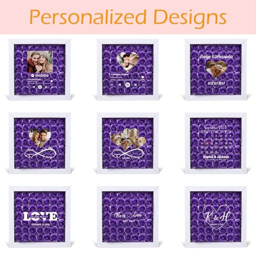 Personalized Name Valentines Flower Shadow Box, Custom Photo Preserved Flowers Gift Box, Shadow Box Frame Display Cases with Transparent Window Door for Anniversary