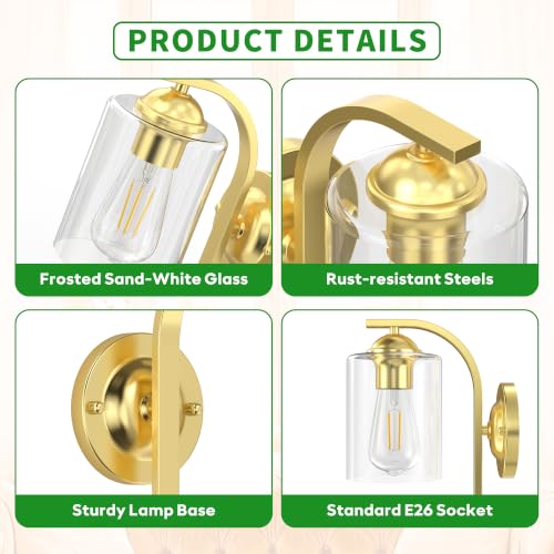 Image of 2-Pack Wall Sconces Lights Lamp for Bedroom Bathroom, Modern Vanity Light Fixtures, Gold Farmhouse Wall Mount Lighting Lanterns with Clear Glass Shade for Living Room Mirror Hallway Kitchen