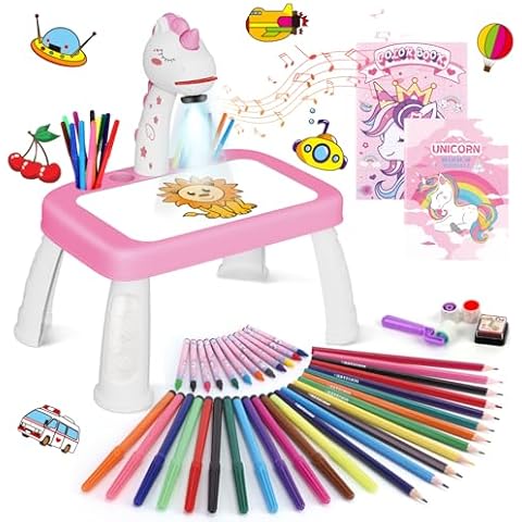 Unicorn Drawing Projector Table Set for Kids Girls Include Unicorn Art Supplies, Pink Doodle Sketcher Table Kit Toddler Tracing and Painting Projection Cover