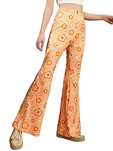 Milumia Girl's Boho Floral Print Elastic High Waisted Flare Leg Pant Bell Bottom Long Pant Orange 10-11 Years #TOP26