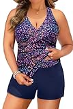 Plus Size Tankini Swimsuit for Women - Two Piece Tummy Control Bathing Suit Tankini Top with Two Pockets Shorts Starry Sky 18 Plus