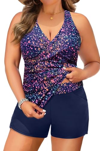Plus Size Tankini Swimsuit for Women - Two Piece Tummy Control Bathing Suit Tankini Top with Two Pockets Shorts Starry Sky 18 Plus