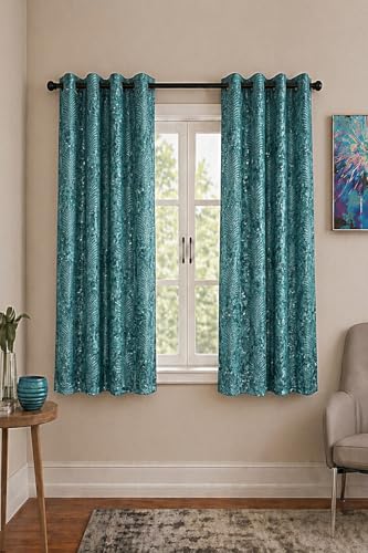 Image of HUTI 5 feet Sea Bue Window Curtain Set of 2 | Semi-Transparent Leaf Printed Curtain | Soft Knitted Polyester | Eyelet Curtain for Living Room & Bedroom 4x5 ft (120 x 150 cm) | Best for Home Decor