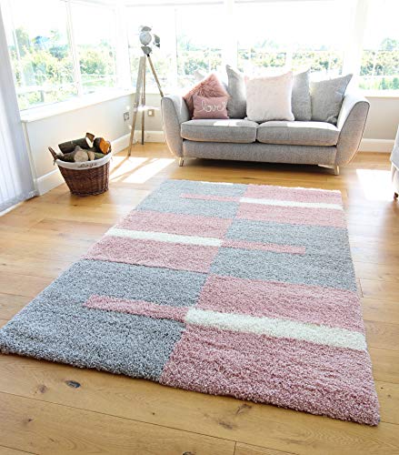 Image of NEW SUPER SOFT BLUSH PINK SILVER CREAM MODERN SHAGGY AREA RUGS LINE DESIGN THICK NON SHED 5CM PILE RUG (120X170CM)