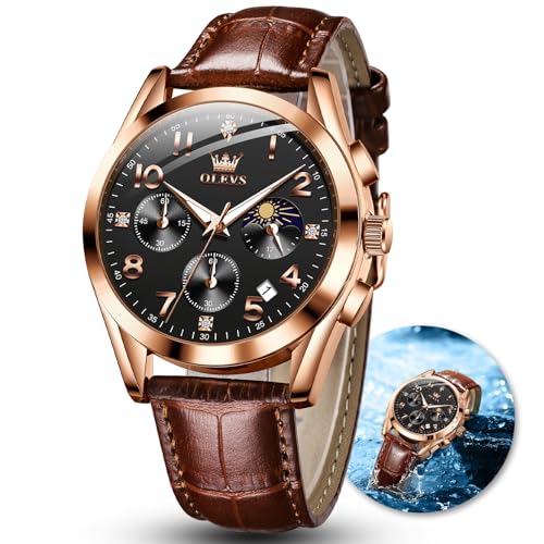 Image of OLEVS Men's Watches Brown Leather with Date,Casual Watches for Men,Large Face Watches Men,Chronograph Mens Watch,Sport Waterproof Business Dress Analog Quartz Men's Wrist Watches Reloj De Hombre