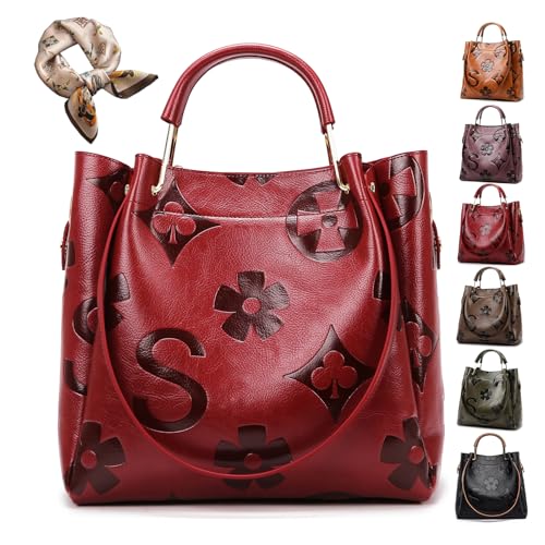 Floral Handbags Leather Shoulder Bag for Women, 2pcs Embossed Purses & Hand Bag Trendy Designer Women's Bucket Tote