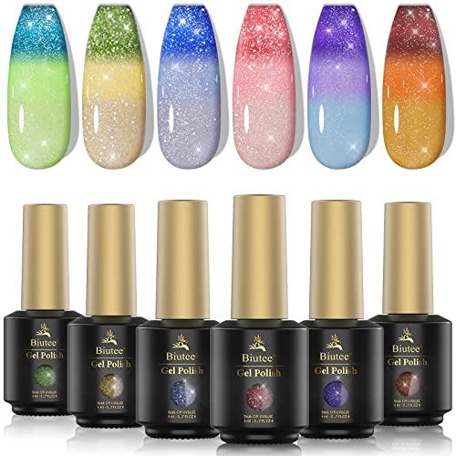 Biutee Color Changing Glitter Gel Nail Polish Set, 6 Temperature Change Colors Mood Glitter Gel Polish Diamond Pink Purple Blue Nail Polish Long Lasting Soak Off Gel Nail Kit #TOP24