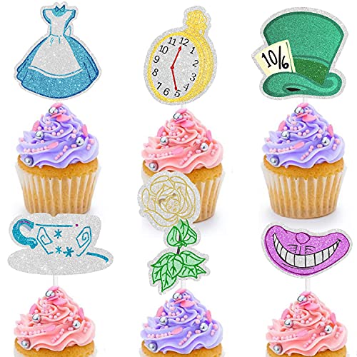 18 PCS Alice Cupcake Toppers kit magic Tea Party Baby Shower chil...