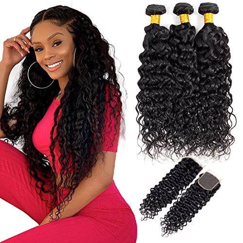 9A Water Wave Bundles With Closure Brazilian Virgin Human Hair 3 Bundles With Free Part Closure Natural Black (22/24/26+20, bundles with closure)