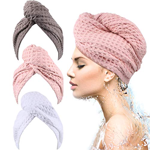 3 Pieces Waffle Weave Hair Drying Towel Hair Wrap Towel with Button, Microfiber Hair Drying Towel for Women Quickly Curly Wet Long Thick Hair Fast Dry, Lightweight and Absorbent, Pink, White, Gray