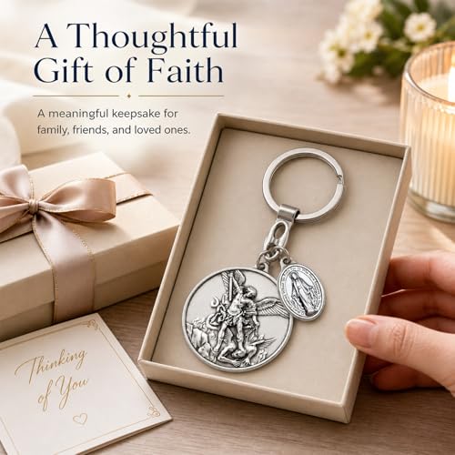Image of St Michael Medals With Virgin Mary Keychain,Saint Michael With Mother Mary Medal for Car,Catholic Religious Keychain,Medalla De La Virgen Milagrosa Adornos Llaveros Para Carros De Mujer Hombre