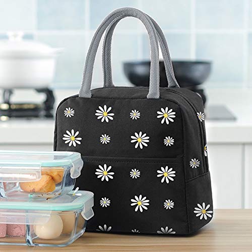 Image of Insulated Lunch Bag, Portable Thermal Lunch Bags Cooler Bag Daisy Pattern Lunch Box Organizer Tote Bag for Women Adults Kids Girls Work School Picnic Camping Travel (Black)