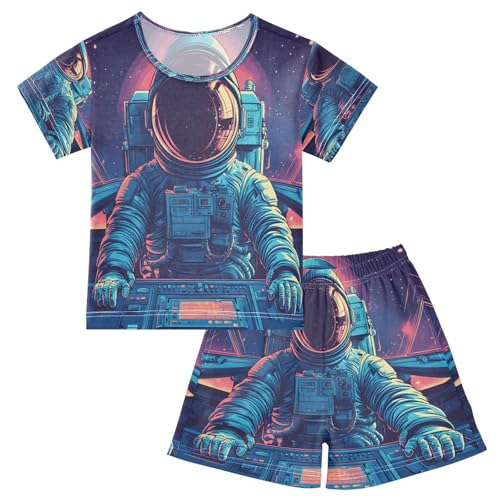 ALAZA Astronaut Driving Space Pajamas Set Short Sleeve Cotton Sleepwear Summer Pjs 2 Piece 5-14Y