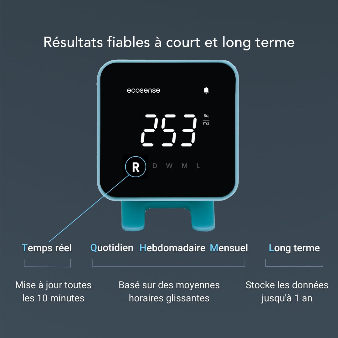 Ecosense EB100 EcoBlu, Détecteur de radon domestique, capture et affichage des résultats toutes les 10 minutes, surveillance continue à court et long terme, facile à utiliser