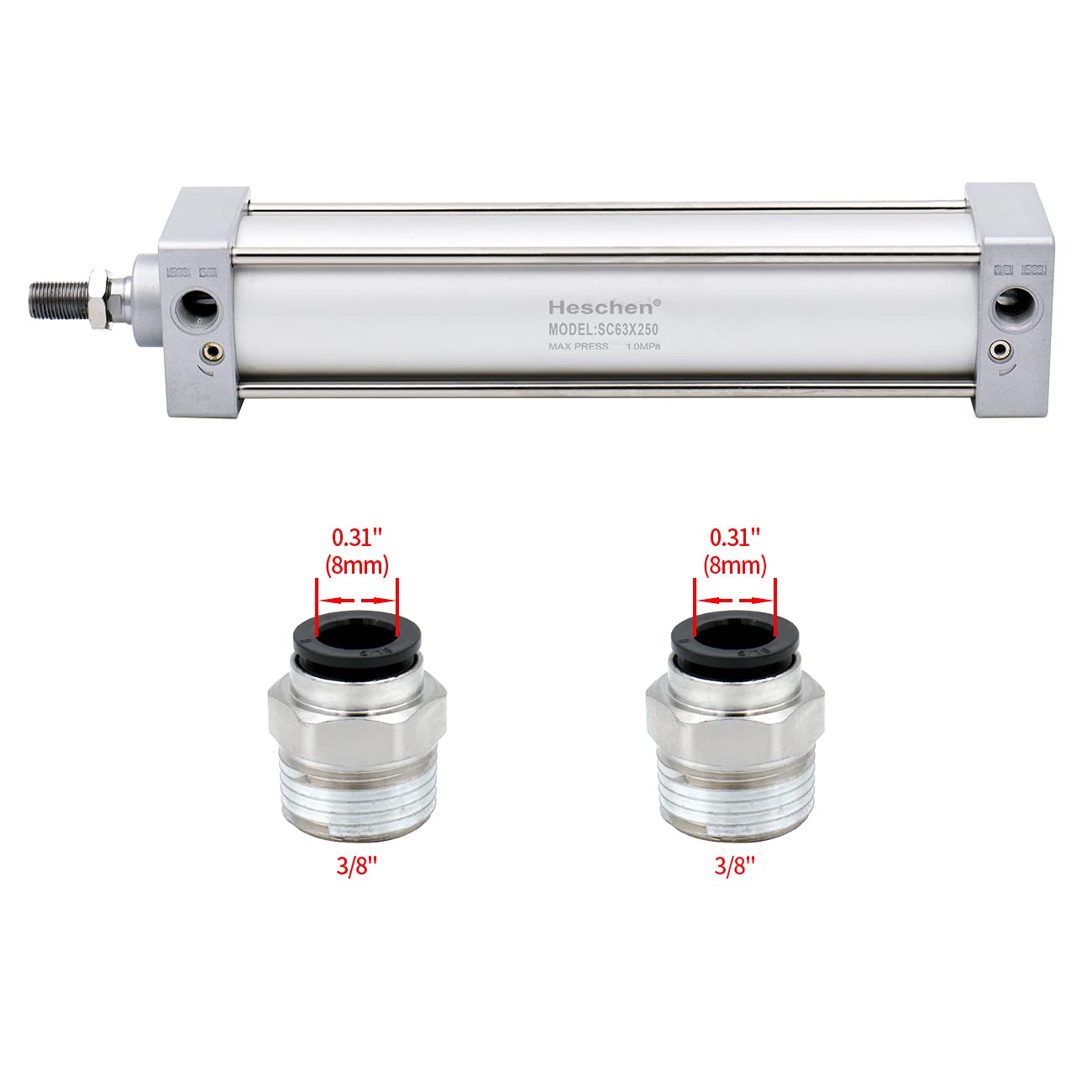 Heschen Vérin pneumatique Standard, SC 63-250, PT3/8'' Port, Alésage 63mm, Course 250mm, Double Effet