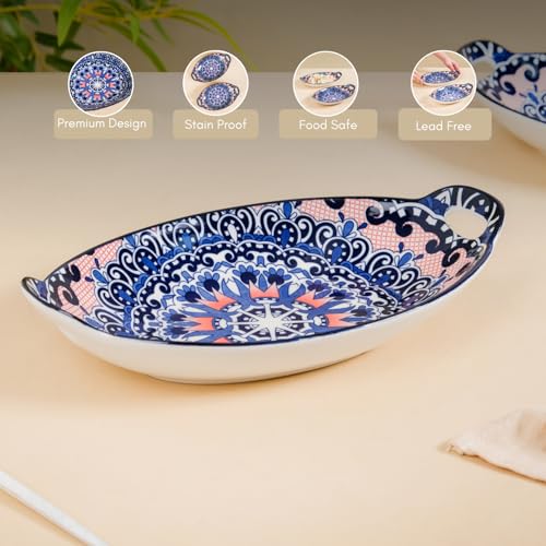Image of Nestasia Set of 2 Blue Mandala Design Ceramic Serving Platter with Handles for Snacks, Appetizers, Salads, and Noodles | Microwave Safe, Dishwasher Safe (10.8 Inch)