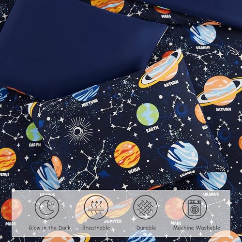 Full Size Comforter Set for Boys-7 Pieces Space Glow in The Dark Full Bedding Sets for Kids, Ultra Soft Bed in A Bag with Sheets