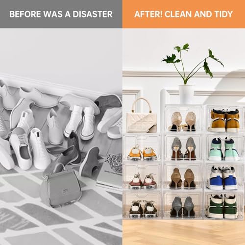 Image of INSTY 12 Pack Large Shoe Storage Box, Clear Shoe Storage Organizer with Magnetic Door, Stackable,Shoe Containers For Display Sneakers, Easy Assembly, Fit up to US Size 12, Clear