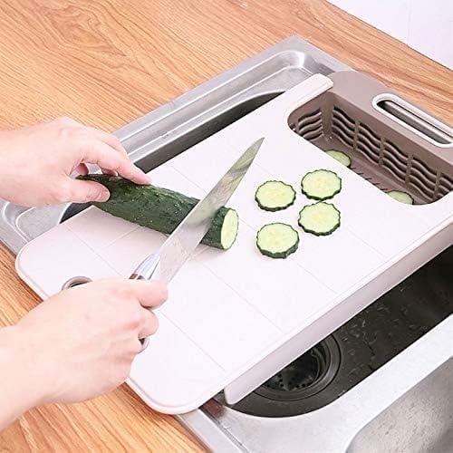 Planche à découper multifonction au-dessus de l'évier, planche à découper en plastique antidérapante avec passoire et récipient, planche extensible pour...