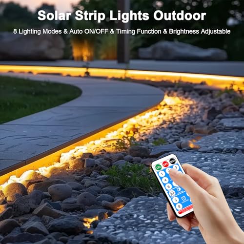 Image of Solar Led Strip Lights Outdoor, 20ft Solar Rope Lights Self-Adhesive Waterproof, 8 Mode with Remote Timer and Auto On /Off, Perfect for Deck, Patio, Poolside, Camping Decor, Warm White