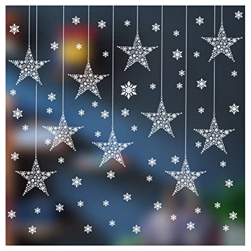 Stickers4 Large 10 x Hanging Christmas Ornament Window Clings with 60 Snowflake Clings in Snowflake Stars Design - Large Christmas Window clings