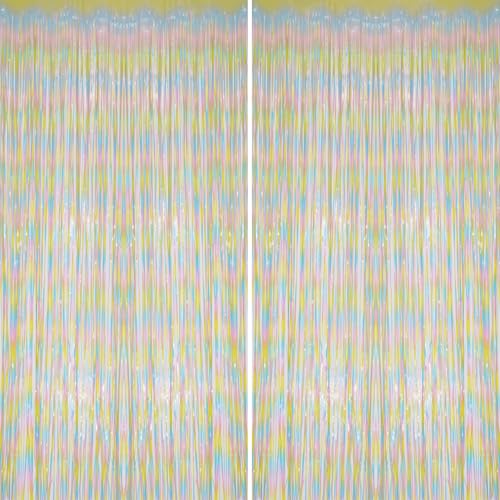 Image of DECOCKRAT 2 Pack Foil Fringe Backdrop - Pastel Rainbow Shiny Tinsel Curtains for Party Decoration /Photo Booth Props - 3.3x6.6 FT Metallic Foil Backdrop for Birthday, Wedding, Graduation, Christmas.