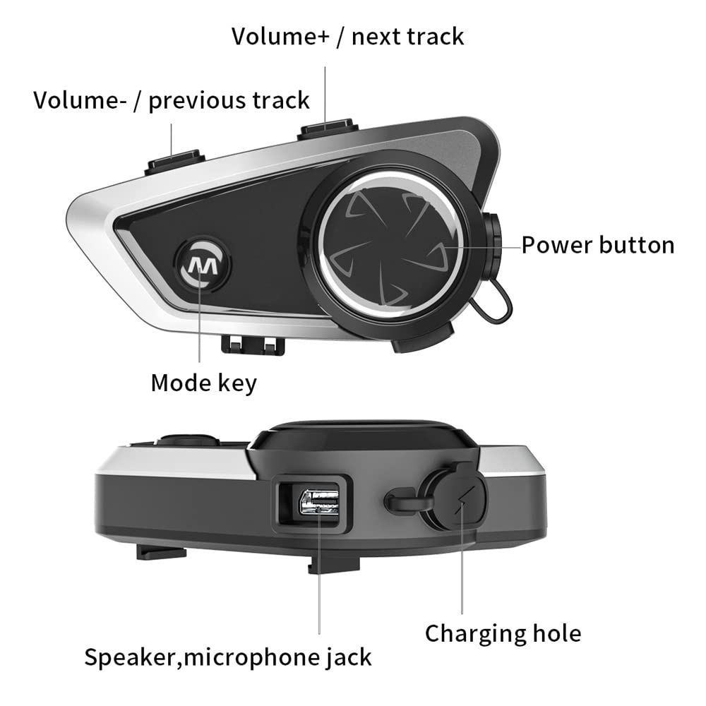 Walmeck Casco de Motocicleta X5, Auriculares, Intercomunicador de 1000M para Montar Música y Compartir, Resistente Al Agua IPX67, Reducción Ruido con Batería 20H (Negra #-2)