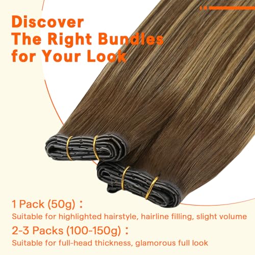 Image of Full Shine Butterfly Weft Hair Extensions Human Hair 20 Inch 50G | Mocha Brown with Golden Blonde Highlights, Seamless Micro Beads Weft, Silky Straight One Piece, Natural Fit Solution