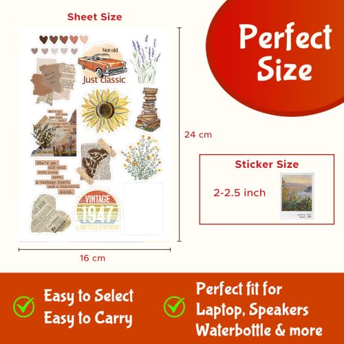 Image of CodersParadise Pack of 53 Vintage Aesthetic Stickers for Scrapbook, Laptop, Journal, Diary, Guitar, Mobile Phone - Waterproof Residue Free Stickers