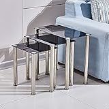 NICEME Glass Nest of Tables Set of 3, Rectangular End Table, Glass Coffee Table for Living Room (Black)