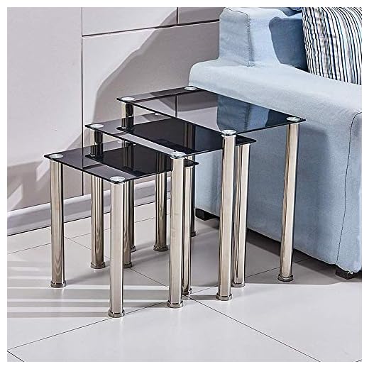 NICEME Glass Nest of Tables Set of 3, Rectangular End Table, Glass Coffee Table for Living Room (Black)