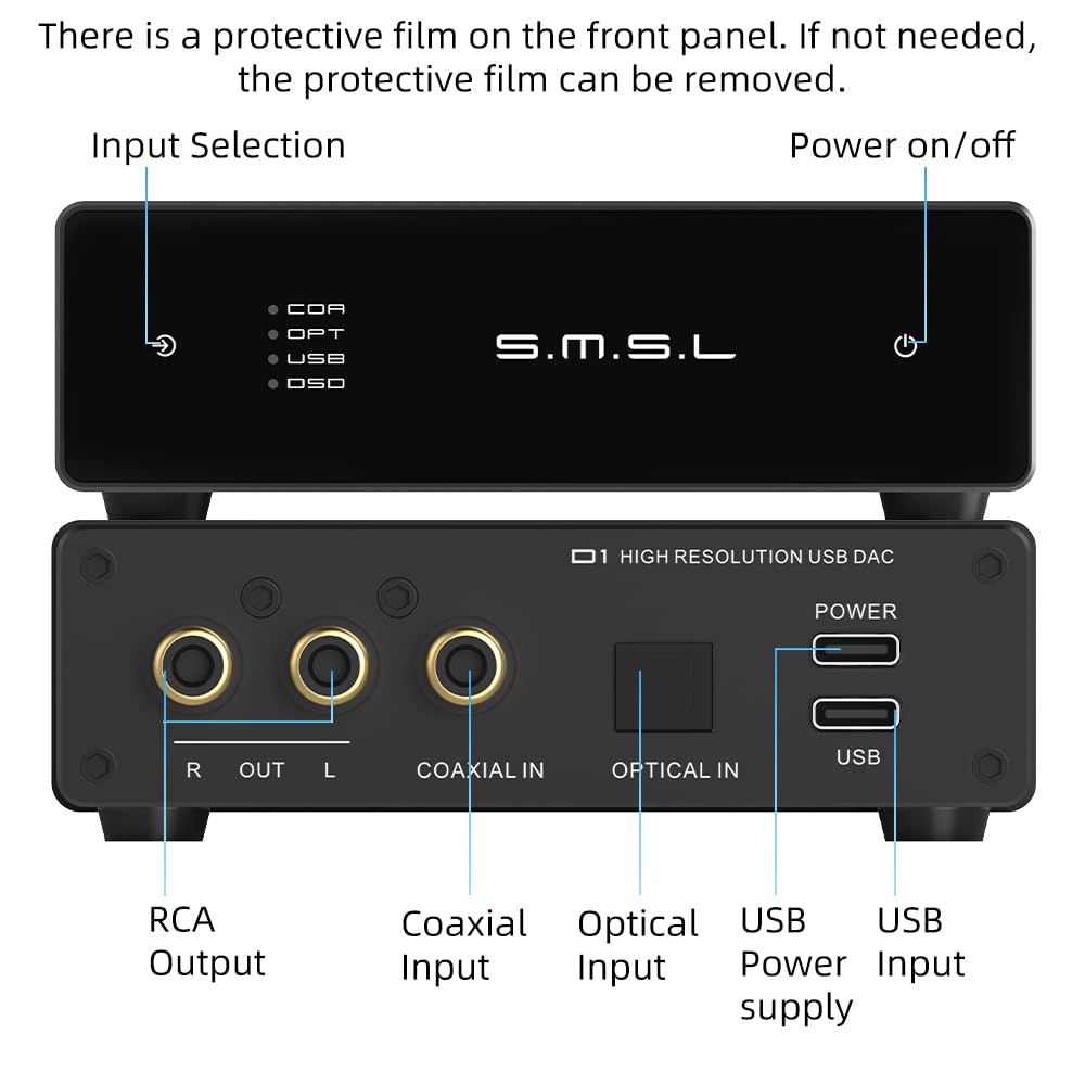 S.M.S.L D1 Hi-Res Audio Dac RohmBD34352EKVchip Touch Control Salida RCA 768kHz/32bit DSD512 MQA Audio DAC Doble entrada USB/Optica/Coaxial SNR126dB para telefono/pad/PC/TV/DVD Home Desktop DAC