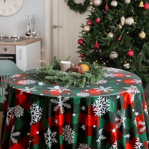 Image of Ganeen 6 Pcs Christmas Buffalo Plaid Snowflake Decoration Red Green Snowflake Winter Plastic Tablecloth Winter Party Wonderland Decorations Xmas Table Cover for Christmas Holiday Birthday Party Supply