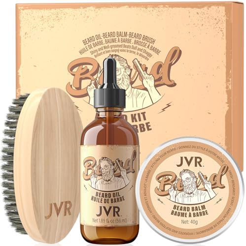 JVR Beard Grooming Kit for Men, Beard Care Kit with Beard Oil Refreshing Lemon Scent, Beard Balm Coconut Scent, Boar Bristle Beard Brush, Smoothing Beard, Moisture & Adds Shine & Styling