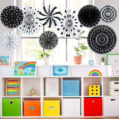 Image of 18 Pcs Black White Round Hanging Paper Fans,Back to School Paper Fans,Polka Dot Classroom Decor,Round Garlands Bulletin Board Decorations for Party Supplies Classroom Decor