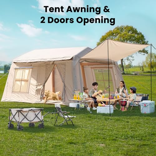 Image of 8-10 Person Large Inflatable Camping Tents with Canopy, Blow Up Tent House 2 Rooms, 4 Season Hot Tent with Stove Jack & AC Ports, Glamping Camping Tents for Outdoors, Easy Setup with Air Pump