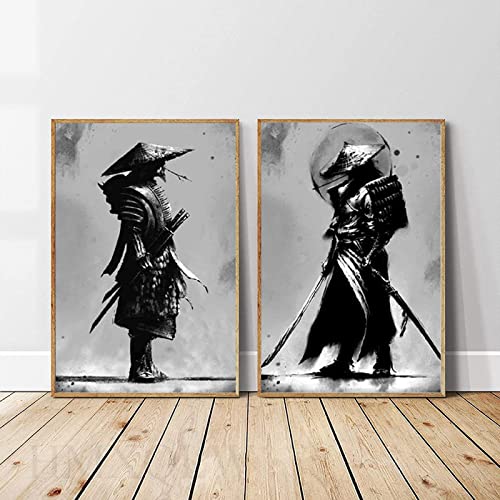 HMXQLW Noir et Blanc Japon Samouraï Portrait Toile Peinture Tableau Decoration Murale, Bushido Impression sur Toile Guerriers Japonais Maison Décoratifs sans Cadre (2X60X80CM)