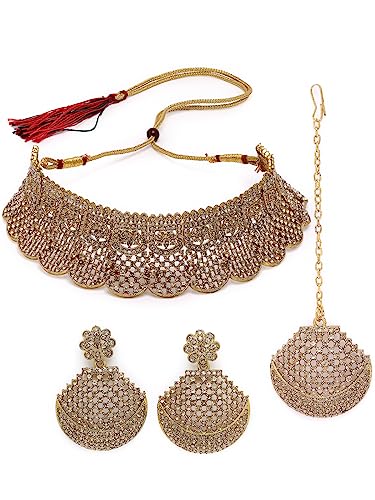 Sukkhi Graceful Curve Shaped Gold Plate White AD Stone Choker Necklace Set With Earring And Maangtika | Jewellery Set For Women (NS105608)