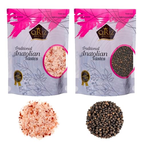Cerez Pazari Whole Black Peppercorns 250g Himalayan Pink Salt (Coarse Grain) 650g Premium Quality Freshly Packed For Grinder Refill Resealable Bulk Bag Non-GMO and Gluten Free
