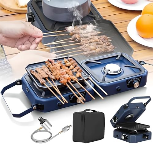Estufa de camping de propano de 2 quemadores con parrilla, estufa plegable de 16000 BTU, 2 quemadores ajustables, encendido piezoeléctrico para camping, patio trasero, barbacoa