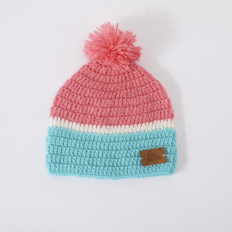 Image of Handmade Knitted Self Design Woolen Beanie Cap for Kids - White & Red 6-12 M | Winter Cap for Baby | FUNCAP56-6-12 M