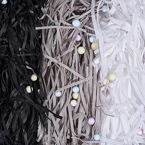 3 Colours Shredded Tissue Paper for Gift Boxes - Black & Grey & White -150g Recycled Shredded Paper for Hampers, Ideal for Gift Packaging & Basket Filling Cover