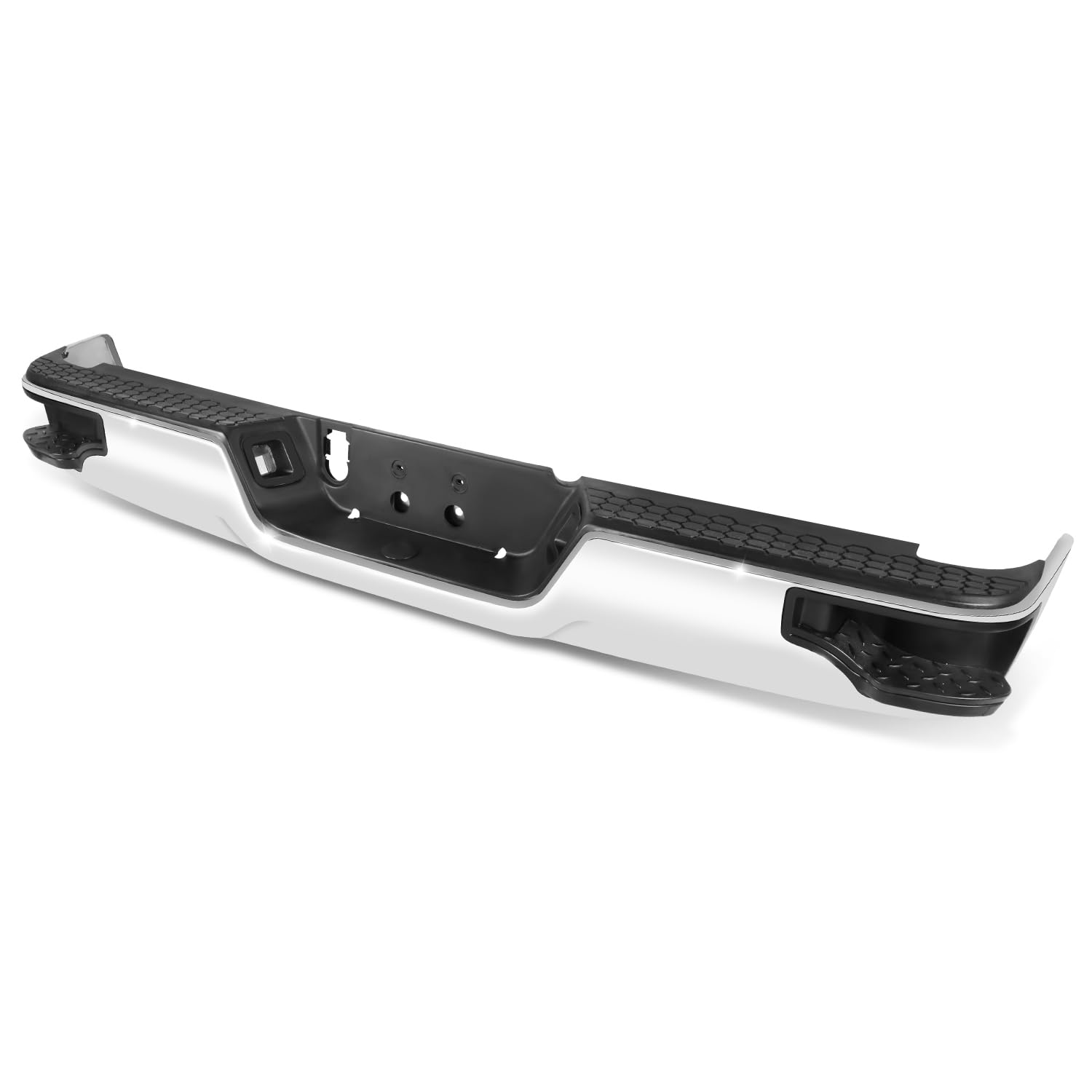 Auto Dynasty Rear Step Bumper Assembly Compatible with 09-10 Dodge Ram 1500, 11-18 Ram 1500, 19-23 Ram 1500 Classic, w/Step Pad & License Plate Light, Non Park Sensor/Dual Exhaust Cutouts, Chrome