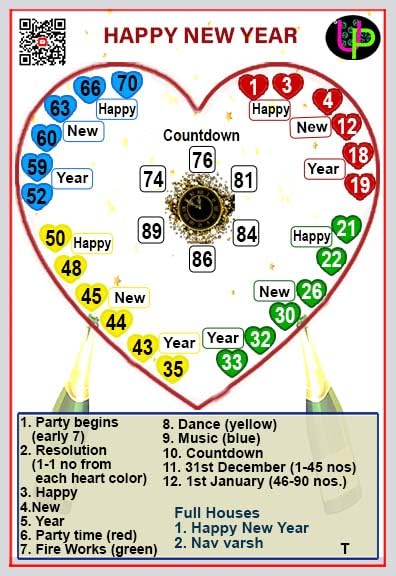 Image of Happy New Year Tambola Tickets | Heart Shape Theme Housie Tambola Themed Bingo Game| Kitty Party Theme Housie Tickets | English | for Family & Friends (Set of 15 Tickets)